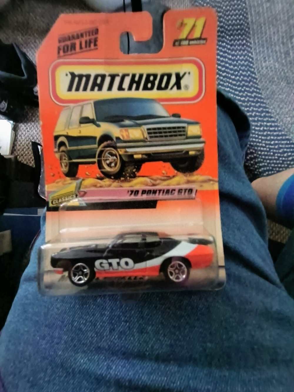 Matchbox '70 Pontiac GTO Die-Cast Car - Black/White/Orange Dated 1998